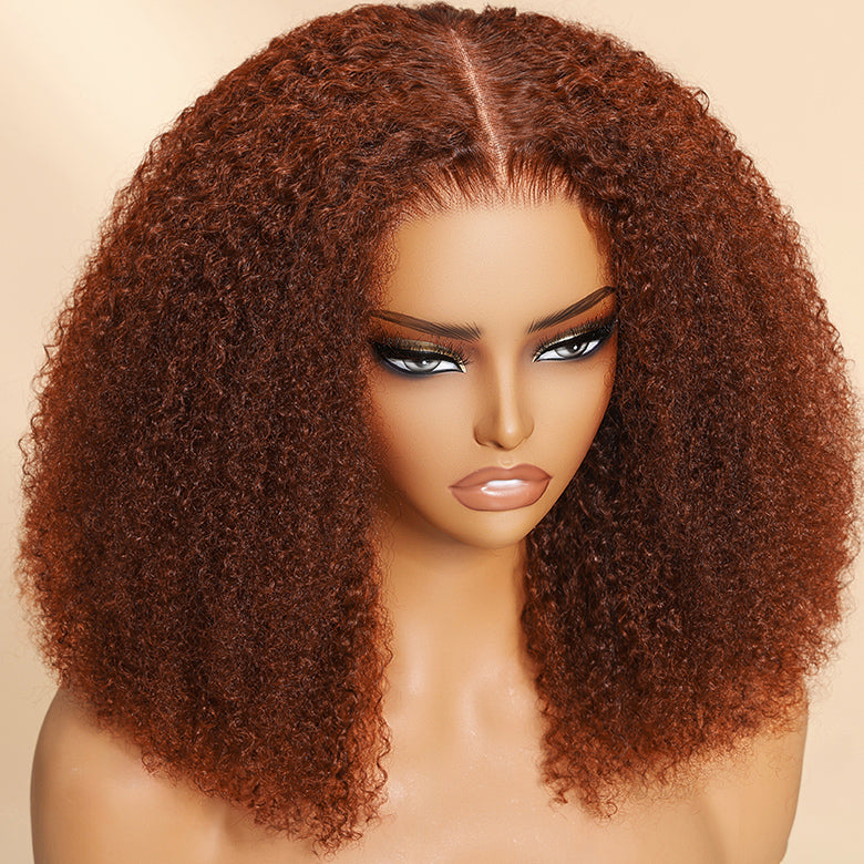 Klaiyi Afro Kinky Curly Reddish Brown 180% Density 13x4 Pre-everything Frontal Wig With Invisi Drawstring Put On and Go Glueless Wig