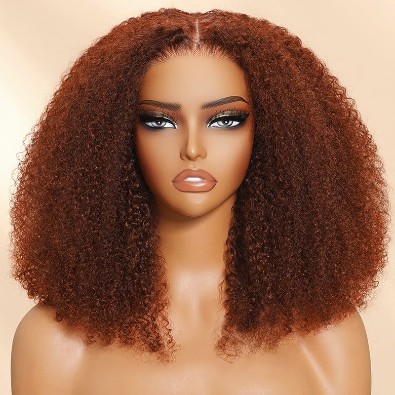 Klaiyi Afro Kinky Curly Reddish Brown 180% Density 13x4 Pre-everything Frontal Wig With Invisi Drawstring Put On and Go Glueless Wig