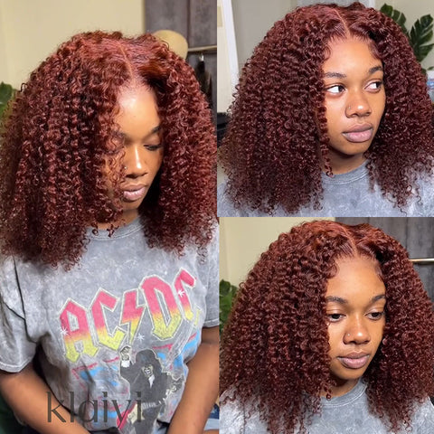 Klaiyi Auburn Brown Color 13x4 Glueless Lace Frontal Wig Kinky Curly Human Hair