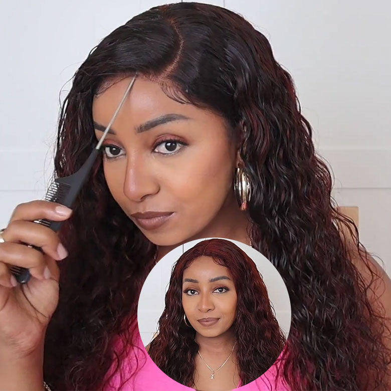 Double Wear Wig|Klaiyi Ombre Black Cherry &Reddish Brown Double Wear Wig Water Wave Flip & Go Fast Transformation 100% Human Hair Flash Sale