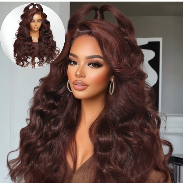 Klaiyi 13x4 Pre-Everything Lace Frontal Wig Dark Auburn Loose Wave Wig with Face Framing Layers