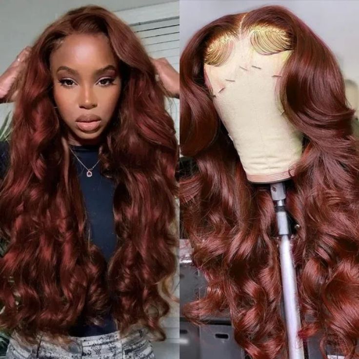 Klaiyi Brunette Auburn Copper 13x4 Lace Frontal Wig Body Wave Virgin Human Hair Reddish Brown Color