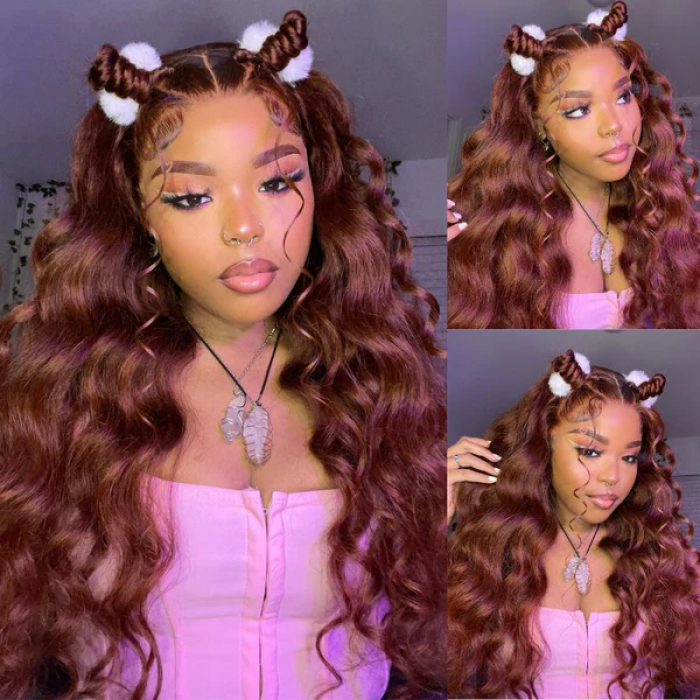Klaiyi Brunette Auburn Copper 13x4 Pre everything Lace Frontal Wig Body Wave Virgin Human Hair Reddish Brown Color