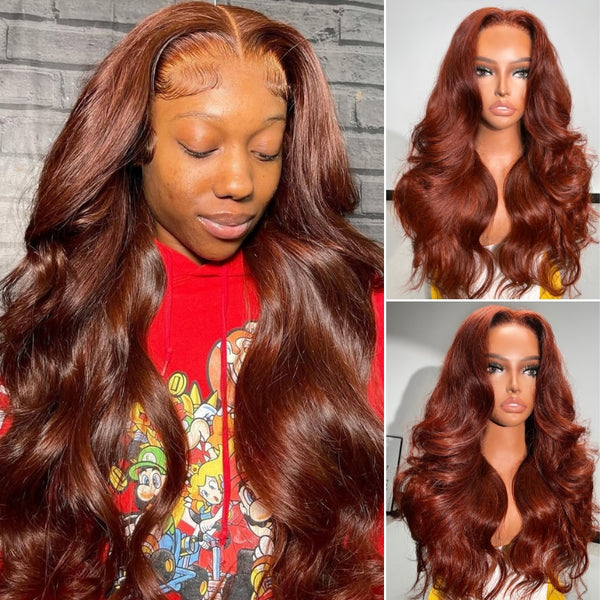Klaiyi Brunette Auburn Copper 13x4 Lace Frontal Wig Body Wave Virgin Human Hair Reddish Brown Color
