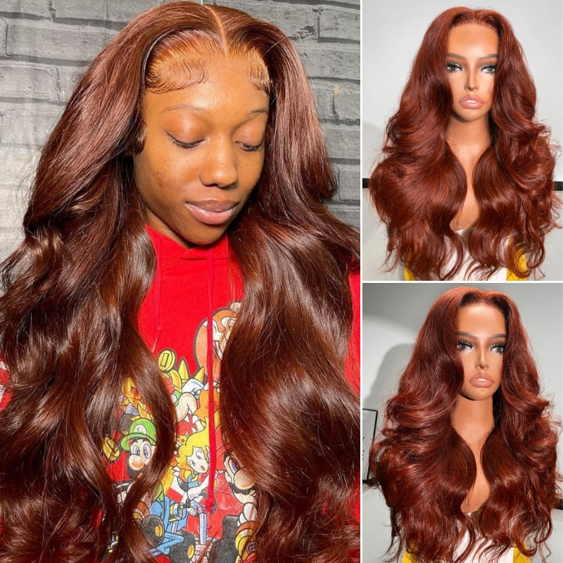 Klaiyi Brunette Auburn Copper 13x4 Pre everything Lace Frontal Wig Body Wave Virgin Human Hair Reddish Brown Color