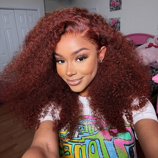Extra 50% Off, Code: HALF50 | Klaiyi Auburn Brown Color 13x4 Glueless Lace Frontal Wig Kinky Curly Human Hair