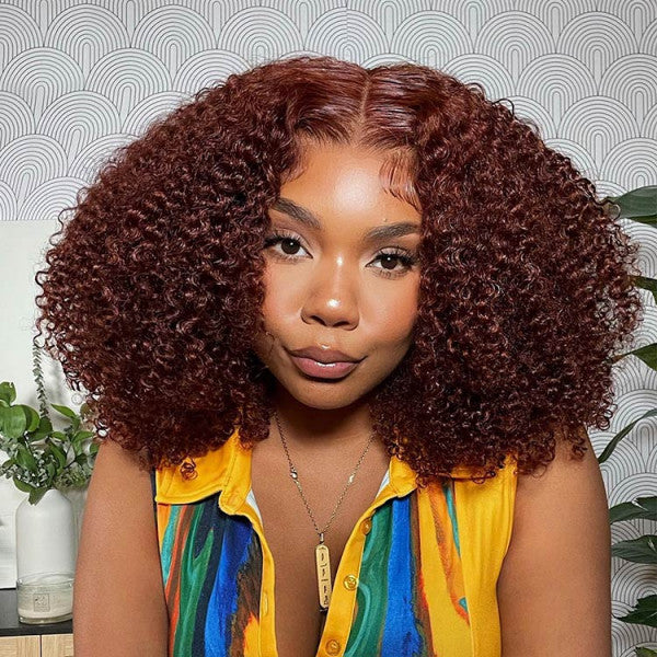 Extra 50% Off, Code: HALF50 | Klaiyi Auburn Brown Color 13x4 Glueless Lace Frontal Wig Kinky Curly Human Hair
