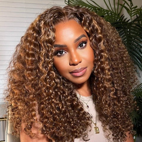 Klaiyi 13x4 Lace Frontal Ombre Highlight Piano Brown Kinky Curly Wigs Flash Sale