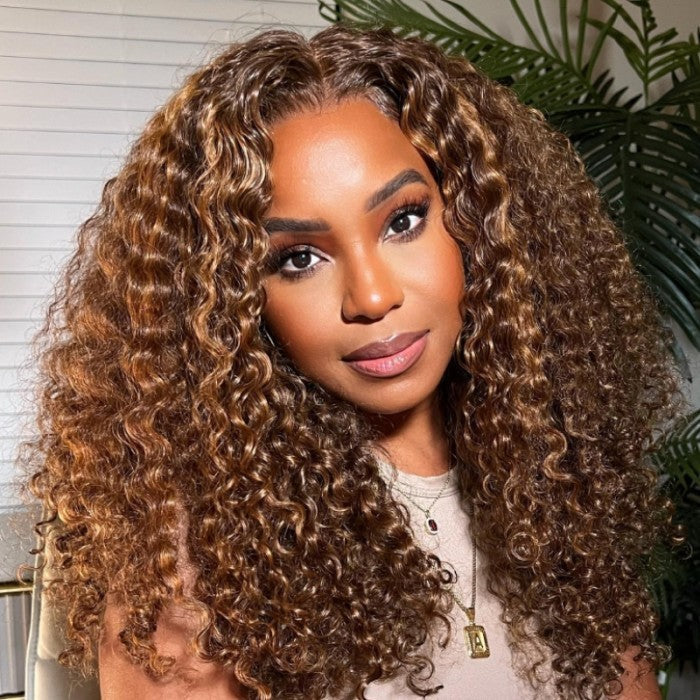 $50 OFF Full $51 | Code: SAVE50 Klaiyi 13x4 Lace Frontal Ombre Highlight Piano BrownJerry/Kinky Curly Wigs Flash Sale