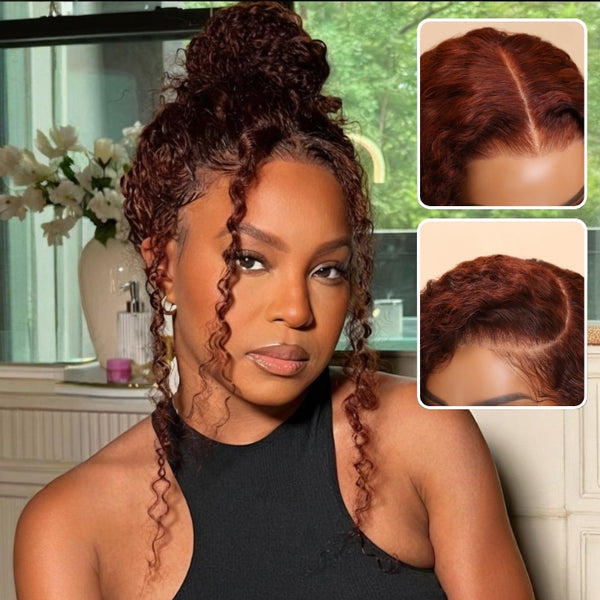 Klaiyi Reddish Brown Jerry Curly 7x5 Bye Bye Knots Human Hair Wig Put On and Go Glueless Lace Wig