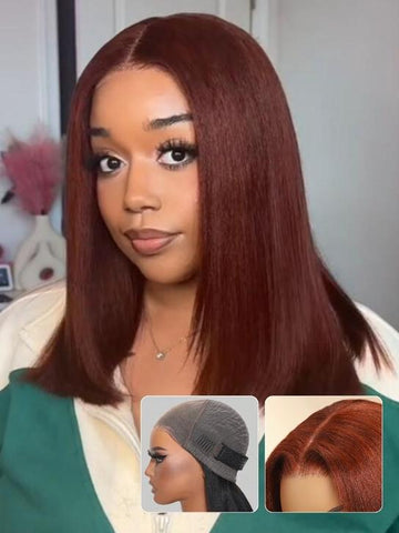 Klaiyi 7x5 Reddish Brown Yaki Straight Bob Wig Put On and Go Glueless Wig with Bleached Knots Flash Sale