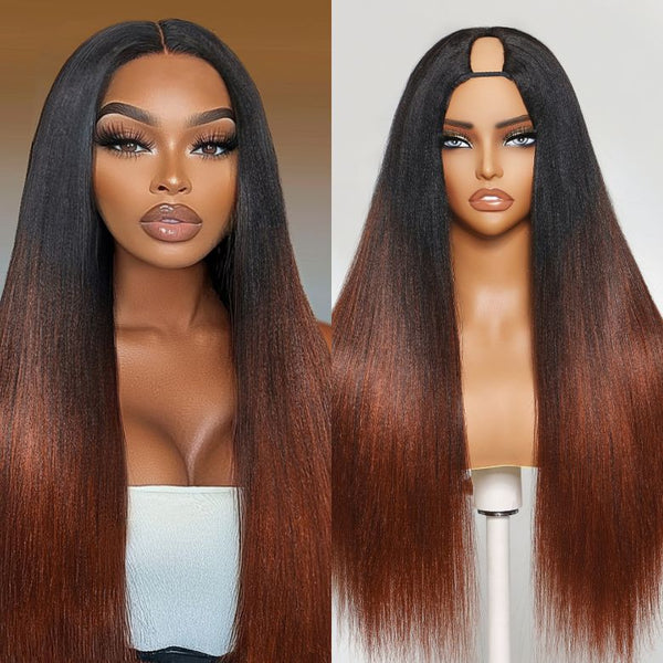 Klaiyi Yaki Straight V Part Wigs Ombre Reddish Brown with Dark Roots Upgrade Invisi Drawstring