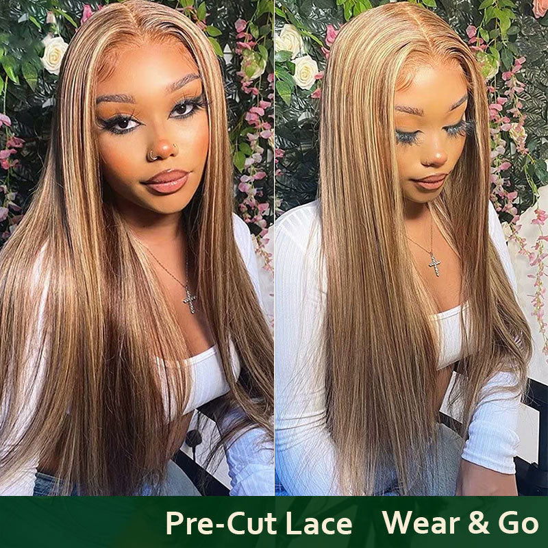 Klaiyi Honey Blonde Highlight Straight Pre-Cut Glueless Lace Wig Put On and Go