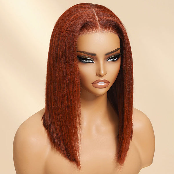 Klaiyi 7x5 Reddish Brown Yaki Straight Bob Wig Put On and Go Glueless Wig with Bleached Knots