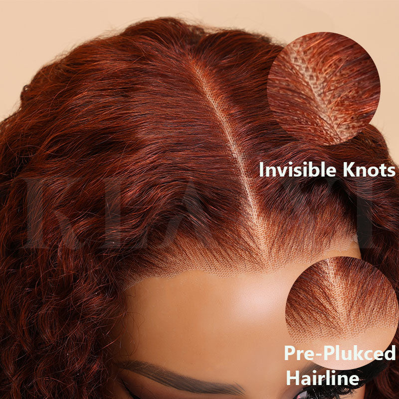 Klaiyi  Put On and Go 7x5 Bye Bye Knots Pre-cut Glueless Lace Wig Auburn Brown Color Kinky Curly Human Hair