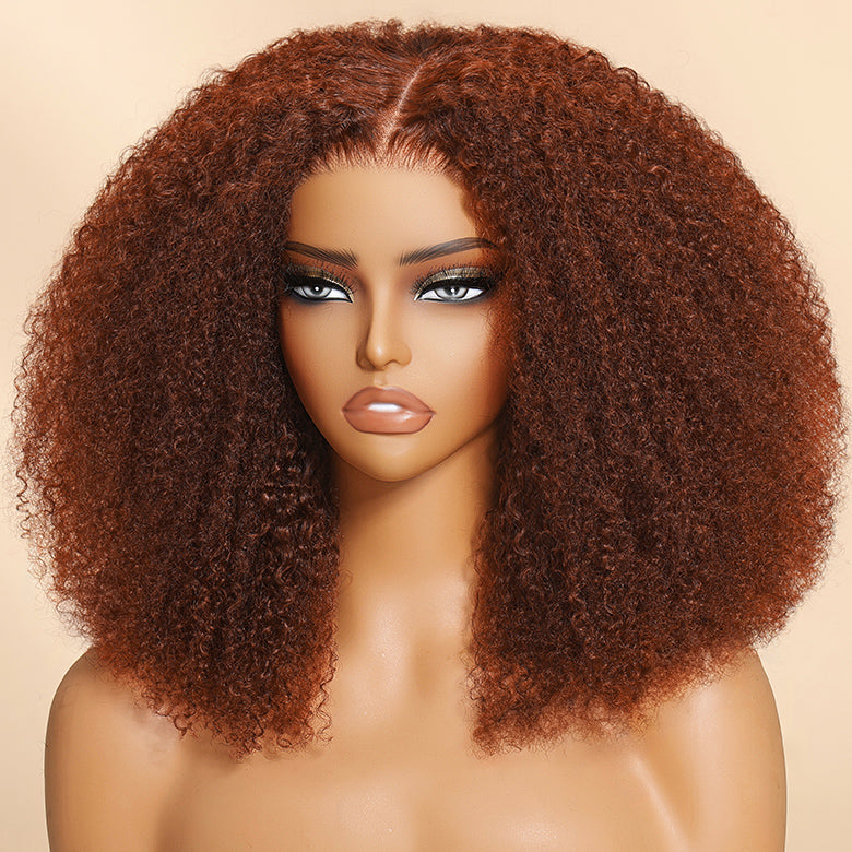 Klaiyi Afro Kinky Curly Reddish Brown 180% Density 13x4 Pre-everything Frontal Wig With Invisi Drawstring Put On and Go Glueless Wig