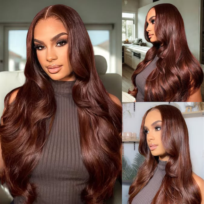 Klaiyi 13x4 Pre-Everything Lace Frontal Wig Dark Auburn Loose Wave Wig with Face Framing Layers