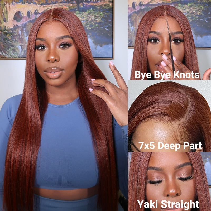 Klaiyi  Reddish Brown Yaki Straight  7x5  Pre Everything Put On and Go Glueless Lace Wigs Human Hair