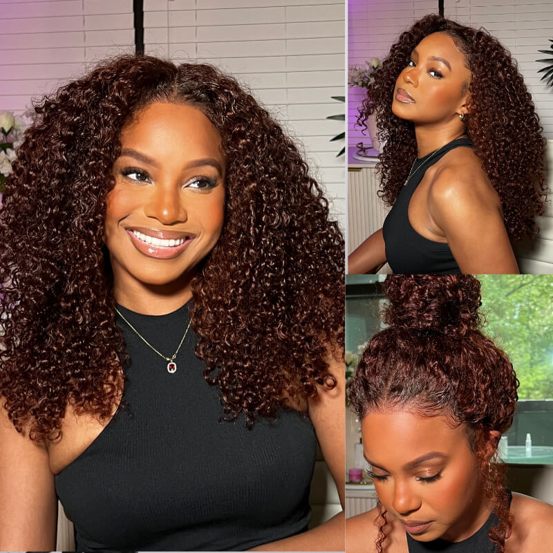 Klaiyi Reddish Brown Jerry Curly 7x5 Bye Bye Knots Human Hair Wig Put On and Go Glueless Lace Wig