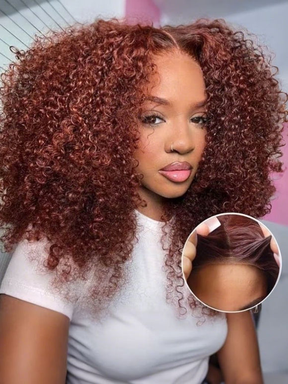 Perruque Klaiyi 7x5 brun rougeâtre à boucles Jerry Curl, facile à poser, avec nœuds décolorés - Vente flash