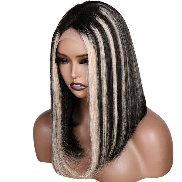 Clearance Sale|Klaiyi Chunky Blonde Highlight Bob Wig with Dark Roots Lace Part Wig Flash Sale