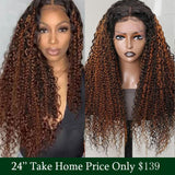Buy 1 Get 1 Free,Code:BOGO |Klaiyi 180% Density Dark Roots Blonde Highlight Balayage Curly Hair Lace Front Wigs Best Colored Wigs