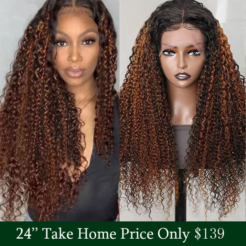 Buy 1 Get 1 Free,Code:BOGO |Klaiyi 180% Density Dark Roots Blonde Highlight Balayage Curly Hair Lace Front Wigs Best Colored Wigs