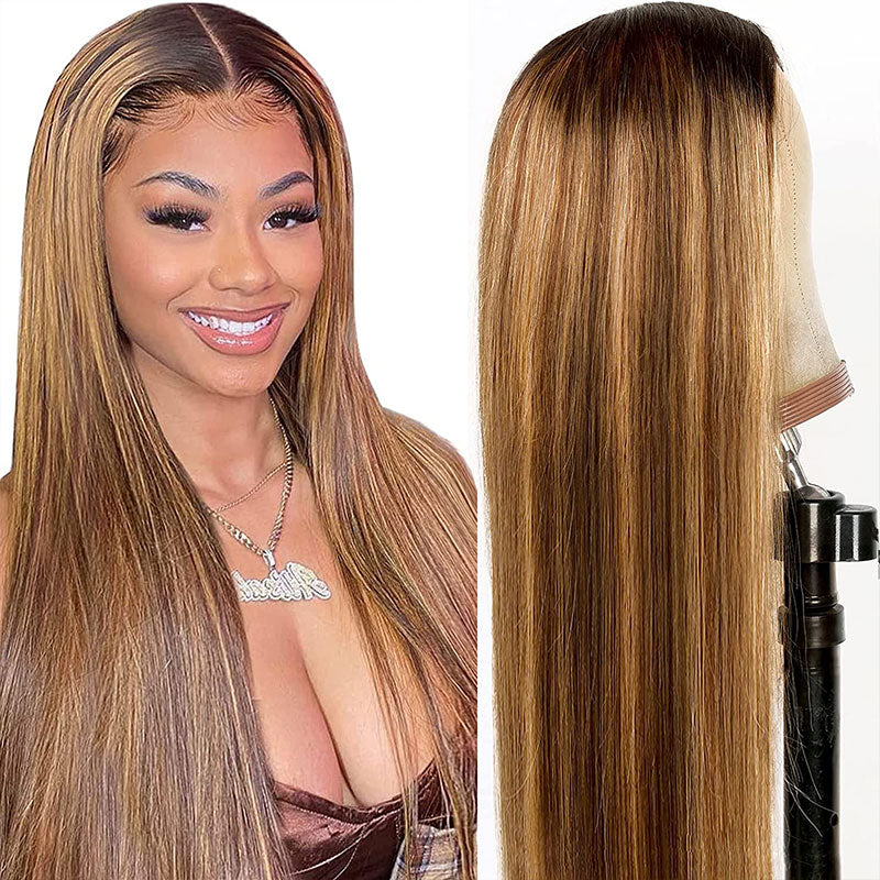 Klaiyi Honey Blonde Highlight Straight Pre-Cut Glueless Lace Wig Put On and Go