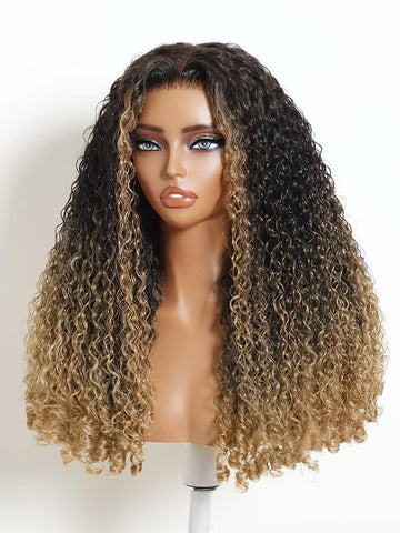 Klaiyi 7x5 No Slip Glueless Lace Human Hair Wig Dark Root Honey Blonde Ombre Burmese Curly with Finger Coil Ends Wig