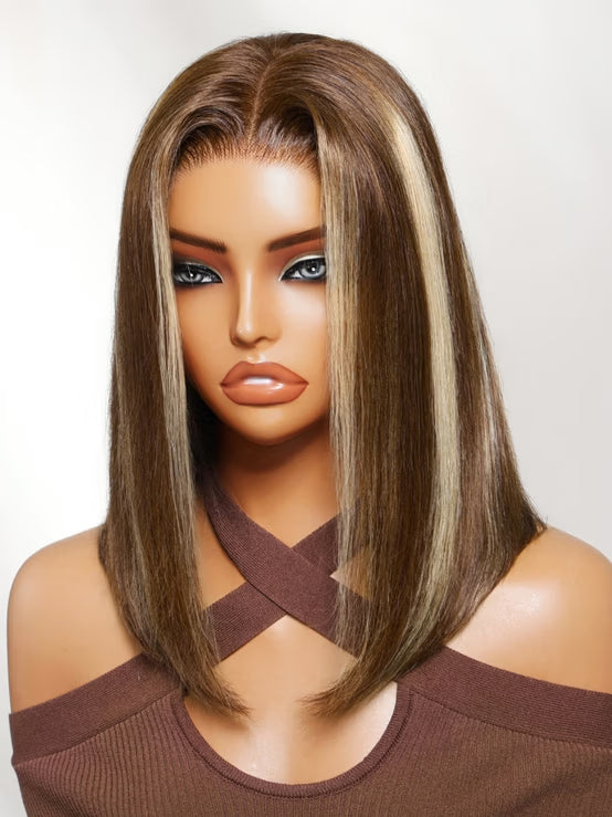 Perruque Klaiyi Black Cherry 7x5 Bye Bye Knots Blow Out Bob sans colle avec frange rideau, volume naturel 