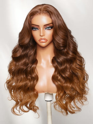 Klaiyi 13x4 Pre-Everything Lace Frontal Wig Lace Frontal Wig Copper Auburn Ombre Body Wave Wig with Side-Swept Face-Framing Layers