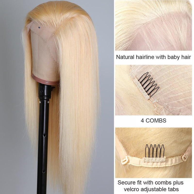 Klaiyi Hair Blonde 613 Straight Full Lace Wig 100% Human Hair Wig with Invisible Bleached Knots 180% Density 10A Grade Hair