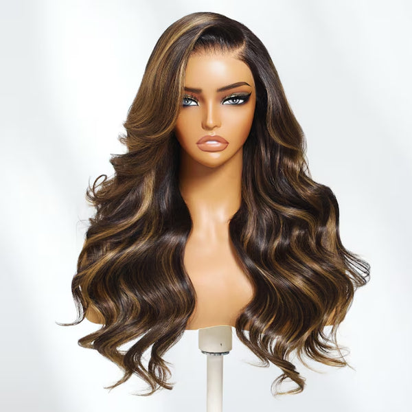 Klaiyi Brown Balayage Highlight 7x5 Bye Bye Knots Glueless Lace Body Wave Wig with Face Framing Layers