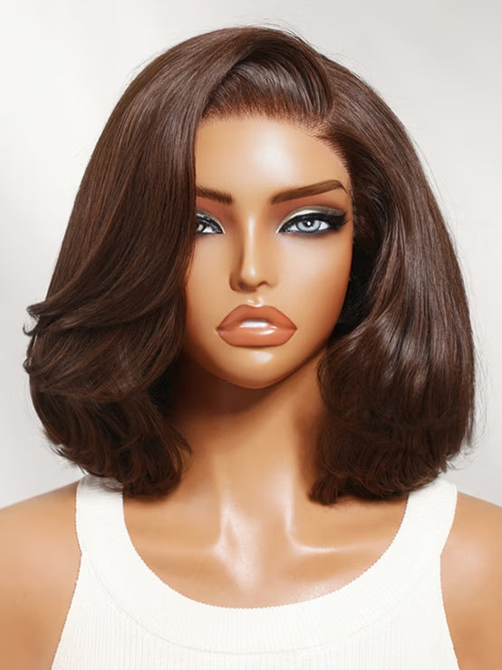 Klaiyi 7×5 Glueless Lace Rich Warm Auburn Brown Effortless Layered Blowout Bob Wig with Invisi Drawstring