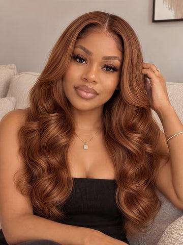 Klaiyi 7x5 No Slip Glueless Lace Wig Warm Cinnamon Copper Brown Body Wave Human Hair Wig