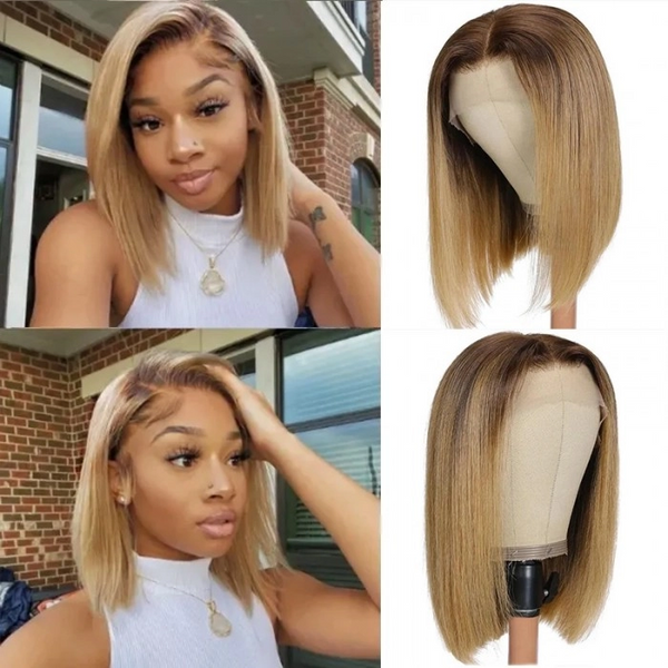 Klaiyi Omber Golden Blonde Color 13x4 Lace Frontal Wig Short Bob with Brown Root