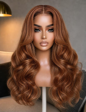 Klaiyi 7x5 No Slip Glueless Lace Wig Warm Cinnamon Copper Brown Body Wave Human Hair Wig