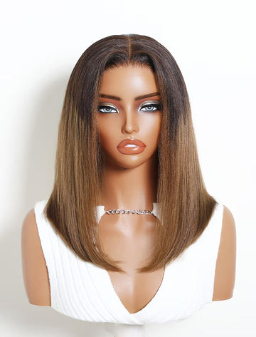 Flash Sale Klaiyi Ombre Chestnut Brown Yaki Straight Bob Wig 7x5 Lace No Slip Glueless Human Hair Wig