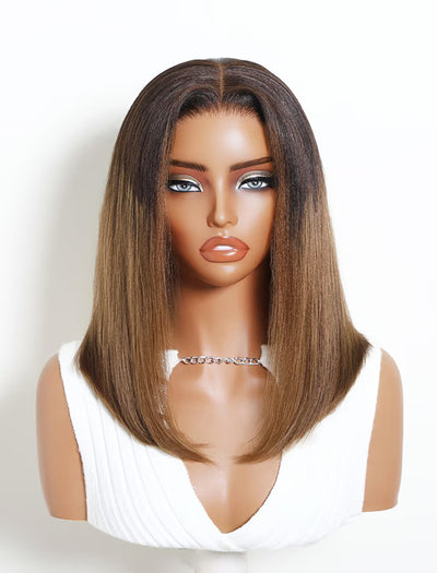 Flash Sale Klaiyi Ombre Chestnut Brown Yaki Straight Bob Wig 7x5 Lace No Slip Glueless Human Hair Wig