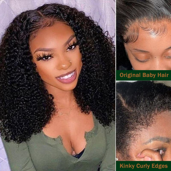 Klaiyi 4C Hairline Glueless Kinky Curly 13x4 Lace Front Wig With Curly Edges Kinky Baby Hair Wig