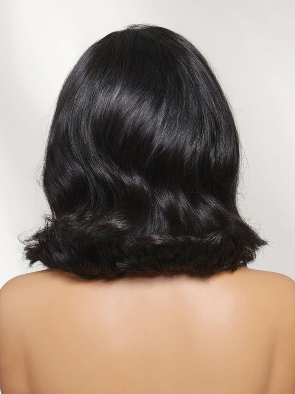Klaiyi 7x5 No-Slip Glueless Lace Wig Short Glam Blowout Flip Bob 180% Density Put On & Go Human Hair Wig