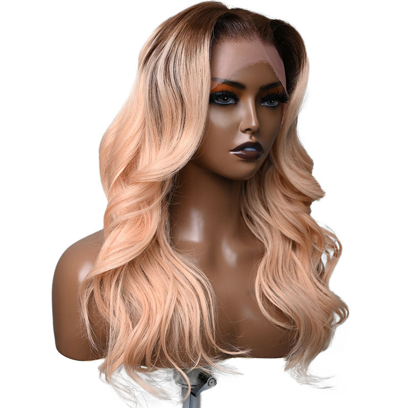 Klaiyi Champagne Rose 13*4Front Body Wave Human Hair with Brown Roots Melon Color Hair Flash Sale