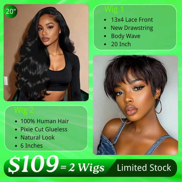 $109 Get 2 Wigs | Klaiyi BOGO Free 20" 13x4 Lace Front Wig New Drawstring Body Wave Wig +100% Human Hair Glueless Wig Black Friday Special Offer Flash Sale