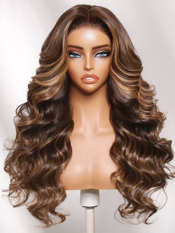 Klaiyi 7x5 No-Slip Glueless Chocolate Brown with Caramel Blonde Highlights Body Wave Put On & Go with Invisi Drawstring