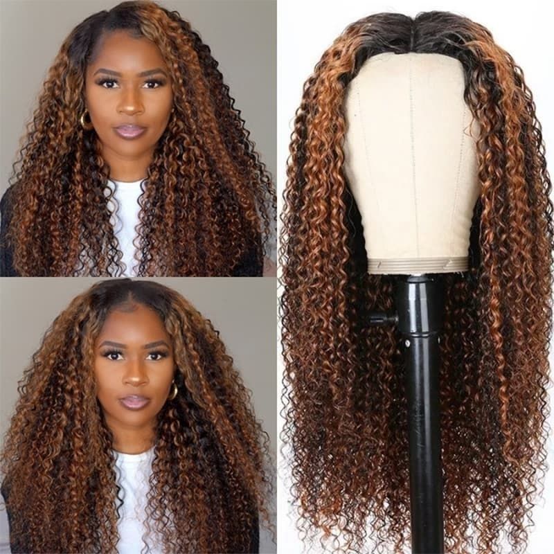 Klaiyi Beginner Friendly Put On and Go Highlight Balayage Colored Curly Vpart Wigs Meets Real Scalp Natural Looking Halloween Special Offer