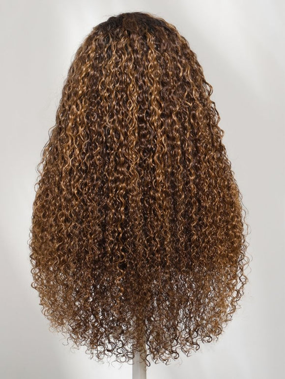 Klaiyi Sun-Kissed Brown Curly Wig with Honey Caramel Highlights 13x4 Glueless Lace Frontal Wig Put On & Go with Invisi Drawstring