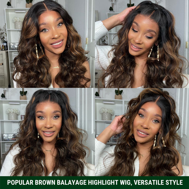 $200 OFF Over $201,Code:SAVE200 | Klaiyi Dark Root Brown Balayage Highlight Body Wave Lace Front Wig Flash Sale