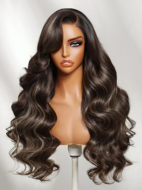 Perruque Klaiyi Ombre Brown Balayage Highlight Body Wave 7x5 Bye Bye Knots, précolorée, sans colle, en cheveux humains et dentelle. 