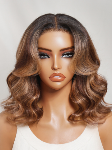 Klaiyi 13x4 Pre-Everything Lace Forntal Wig Sun-kissed Copper Brown Highlights Face-framing Layered Blowout Bob Wig