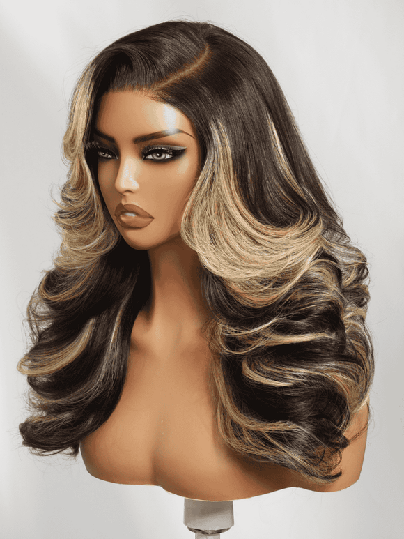 Klaiyi 7x5 No Slip Glueless Feathered Hair Wig 200% Density Black-to-Caramel Blonde Melt Side-Part Loose Curls